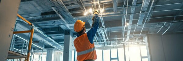 An electrician installing lighting fixtures in a commercial building under construction, Electrical installation scene, Technical and essential style
