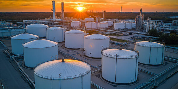 Oil storage tanks at sunset in an industrial area