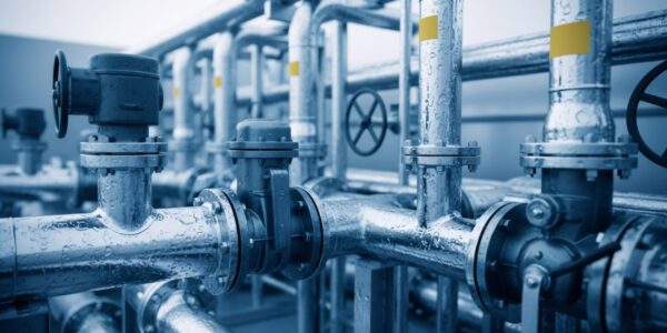 Industrial water pipeline system with valves and drops on pipes. Urban water quality management and city sewer infrastructure concept.