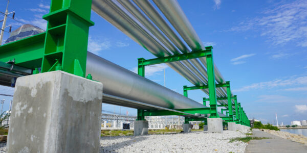 Pipeline on green color pipe rack in oil and gas plant.